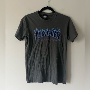 Thrasher Flame Logo Graphic Tee | Charcoal Gray Blue Fire Skate T-Shirt Size XS